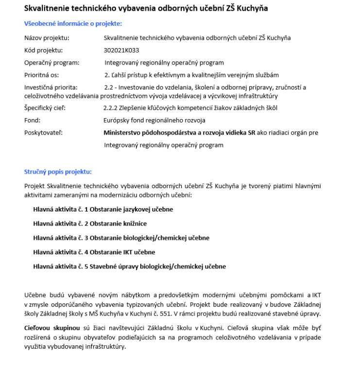 Skvalitnenie technického vybavenia odborných učební ZŠ Kuchyňa